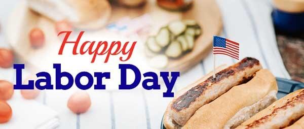 Happy Labor day in red and blue with food in the background and an american flag
