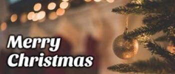 Merry Christmas. Tree branches with a gold ball ornament hanging from it.